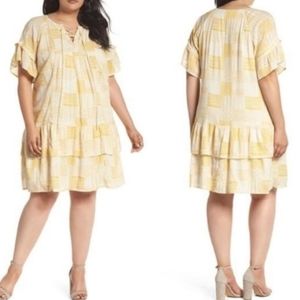 CASLON Womens Size 3X Yellow Patchwork Print Lace-Up V-Neck Ruffled Mini Dress